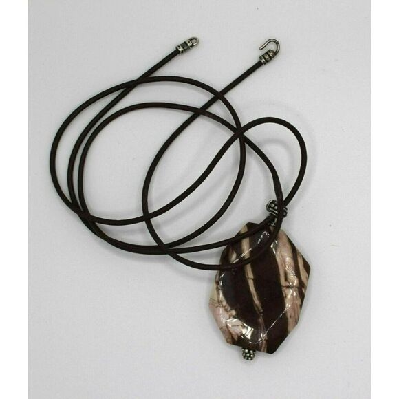 Jasper Pendant Long Necklace Brown White Pinkish Color Stone Silver Tone - Picture 2 of 3